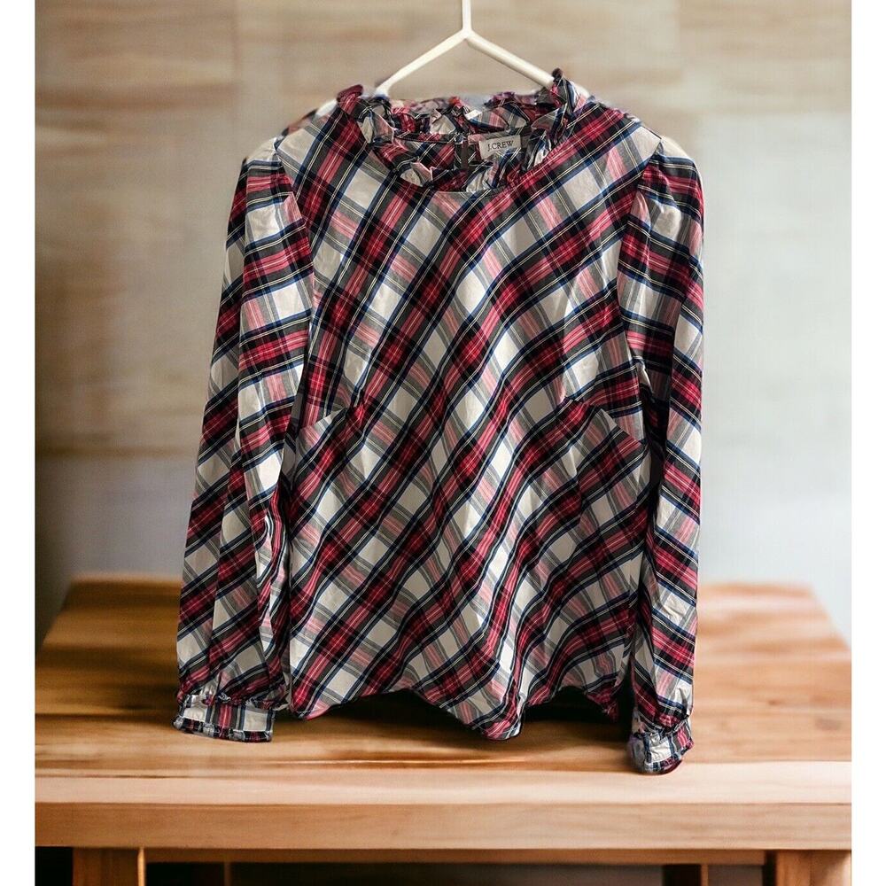 J.‎ Crew Factory Tartan Plaid button-front top with ruffled collar size small